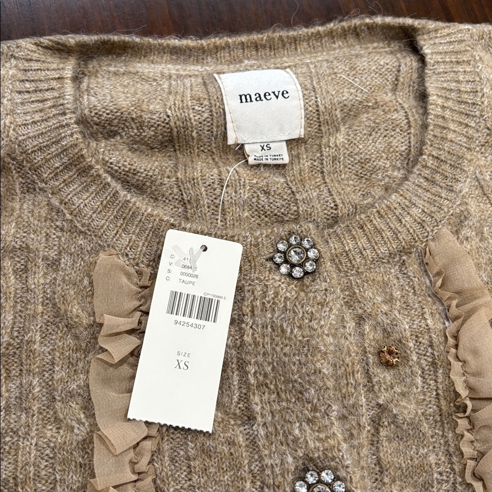 NWT MAEVE (XS) Short-Sleeve Embellished Ruffled Cardigan Sweater Taupe Stretch - Picture 8 of 14